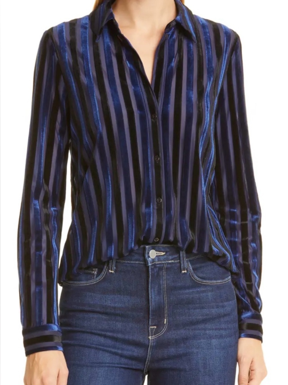 L'AGENCE Blue and Black Striped Velvet Button-Down Shirt